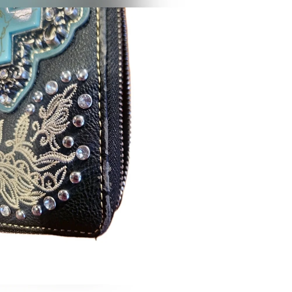 Western Turquoise Cross Studded Wristlet Wallet Black Embroidered Cowgirl Clutch